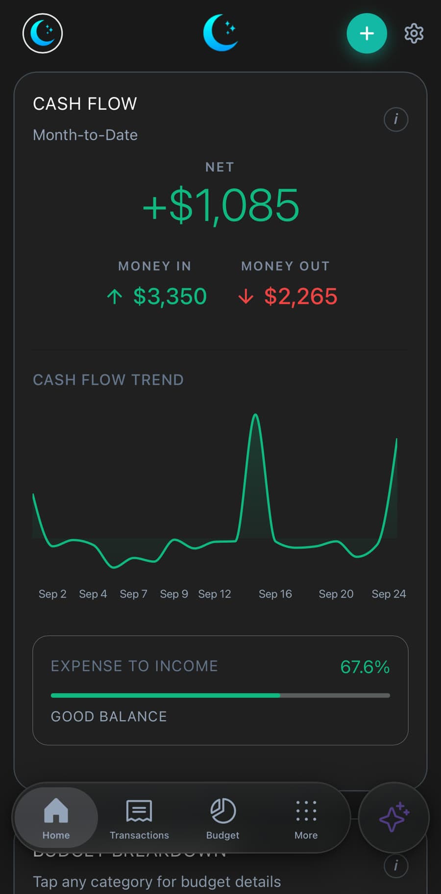 Luna cash flow screen showing a net of plus $1,085 this month