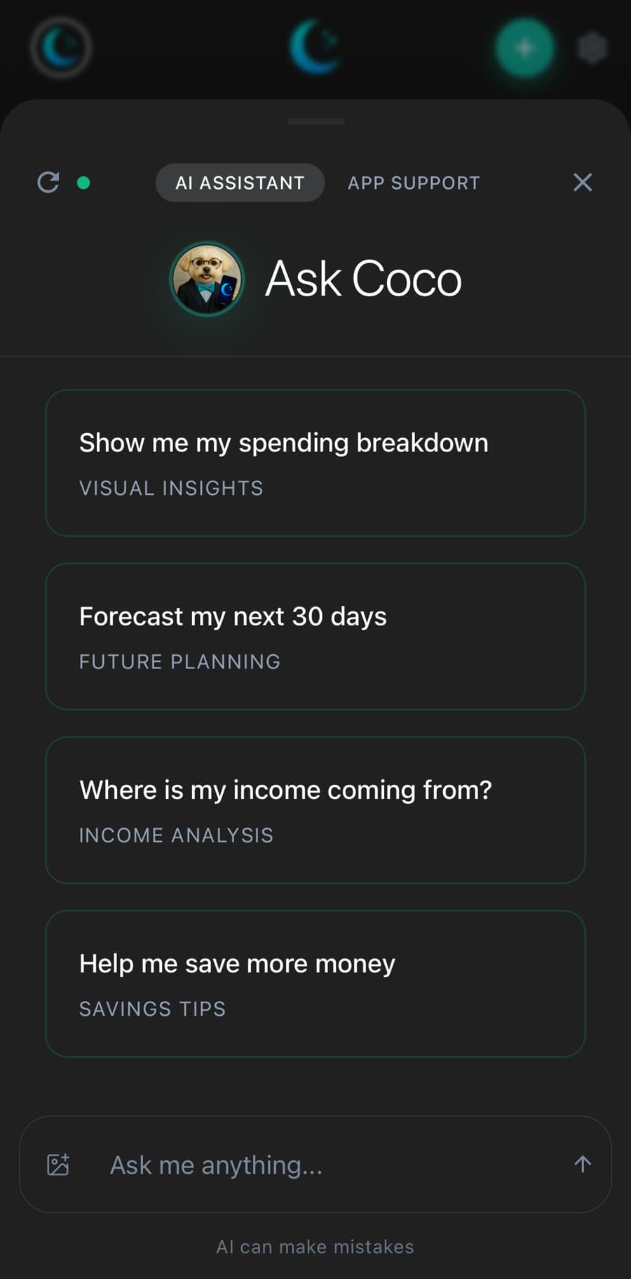 Coco, the Luna AI assistant, with suggested questions