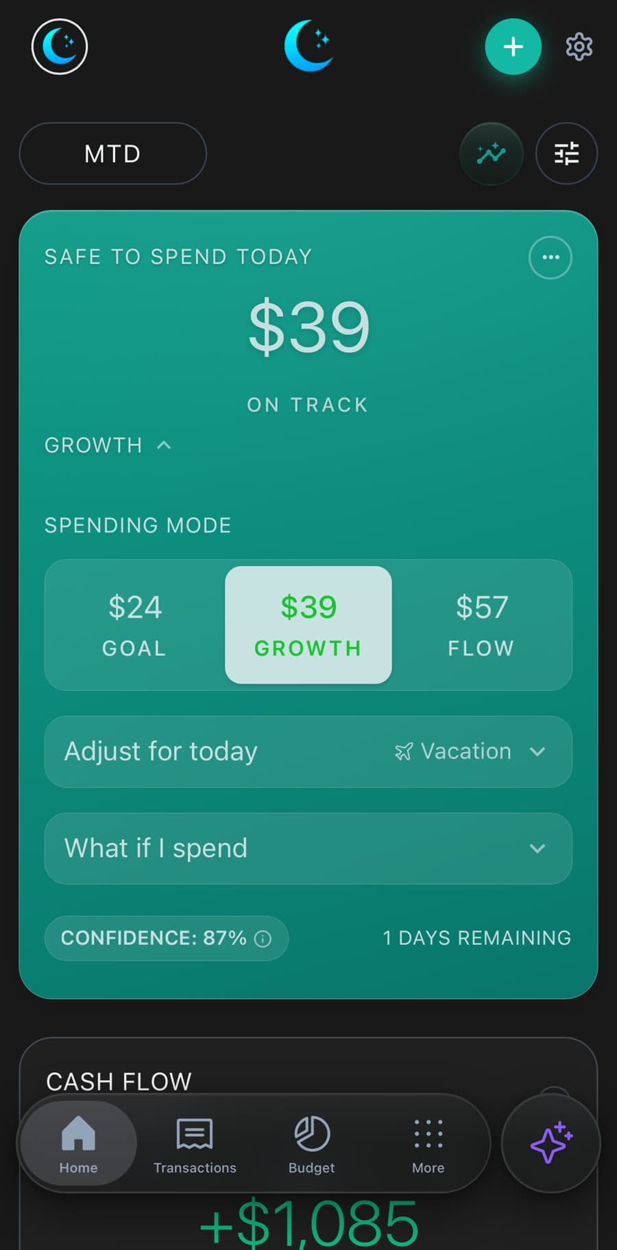 Luna home screen showing $39 safe to spend today, on track